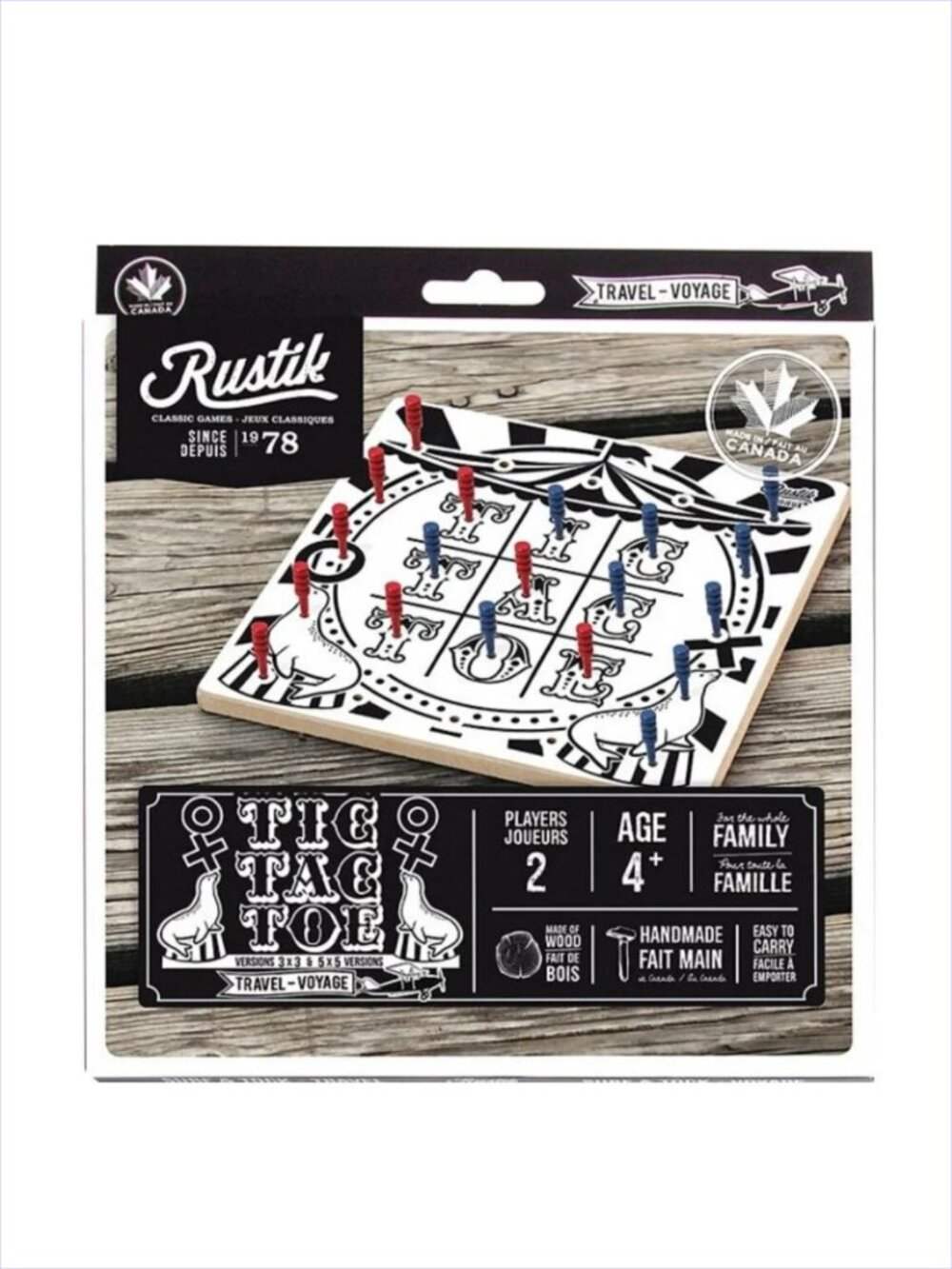 Made in Canada Rustik Classic Travel  Board Game - Tic Tac Toe  Bilingual Age 4+